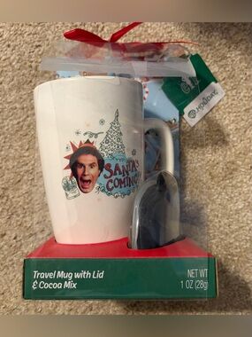 Elf Santa’s Coming Tall Travel Ceramic Mug with Lid New